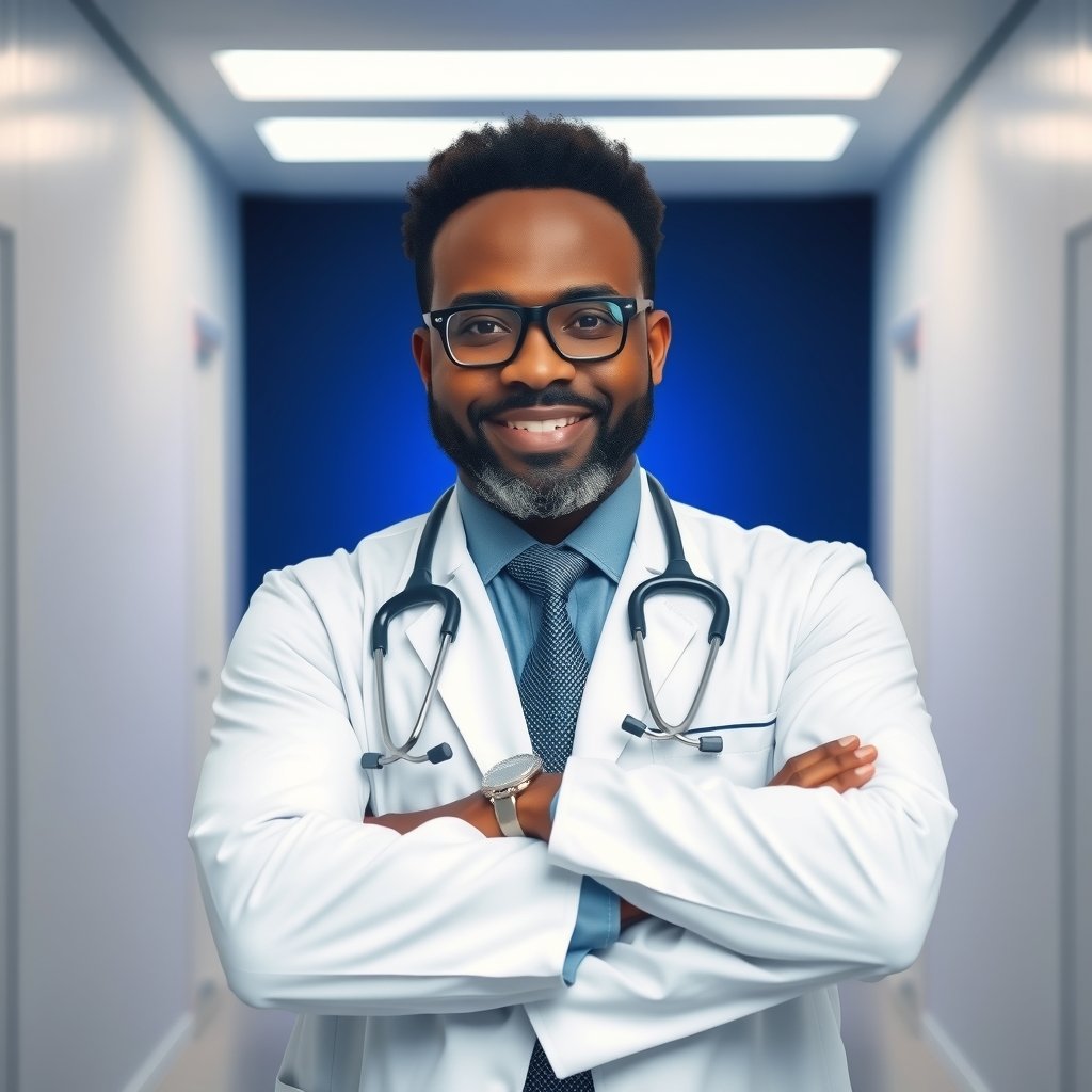 A doctor with folded arms against a navy background