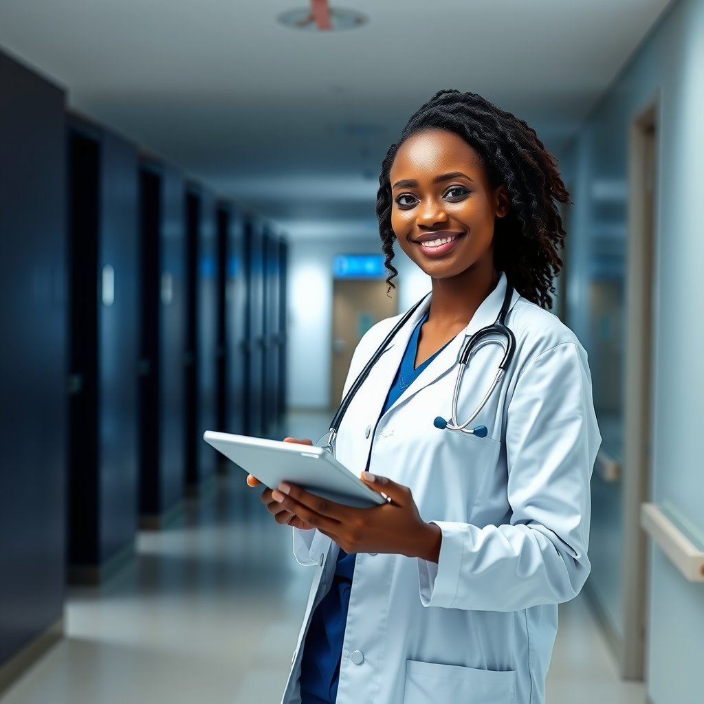 A doctor holding a tablet in a modern hospital corridor